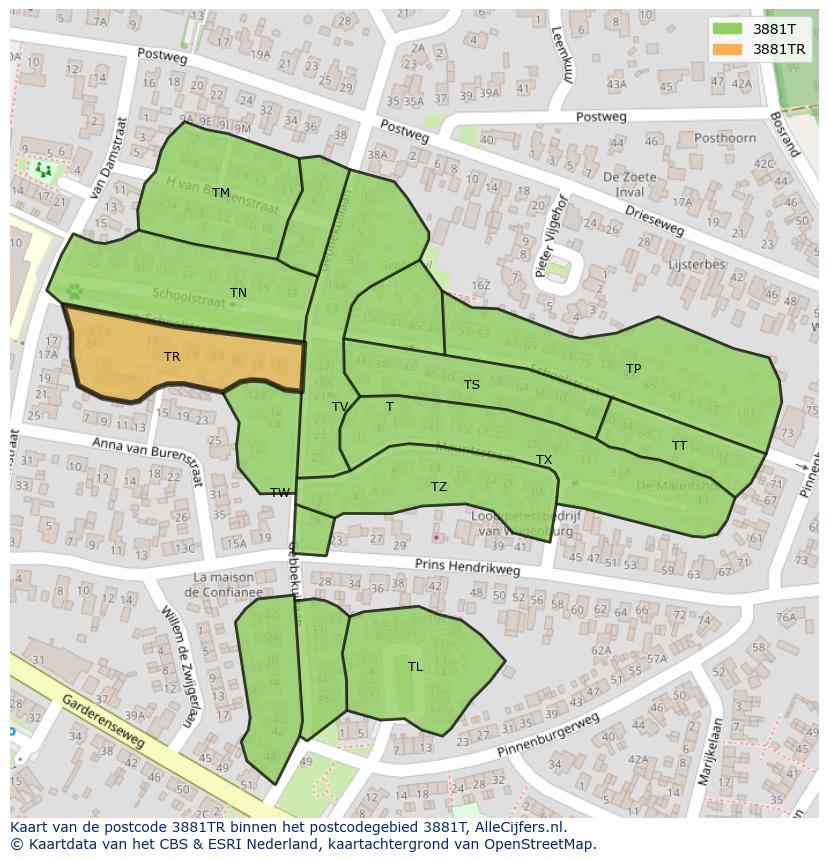 Afbeelding van het postcodegebied 3881 TR op de kaart.