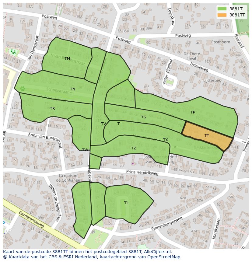 Afbeelding van het postcodegebied 3881 TT op de kaart.