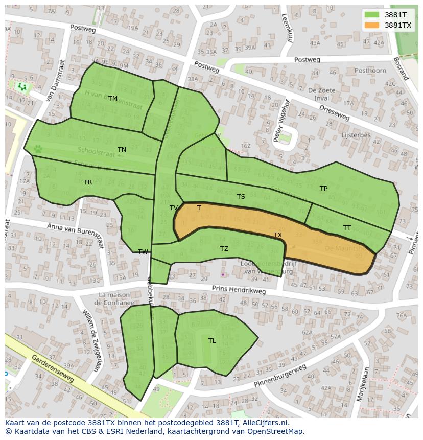 Afbeelding van het postcodegebied 3881 TX op de kaart.