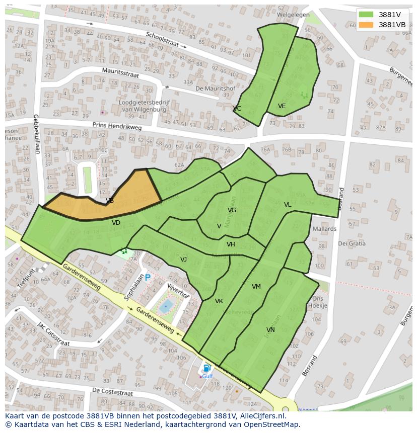 Afbeelding van het postcodegebied 3881 VB op de kaart.