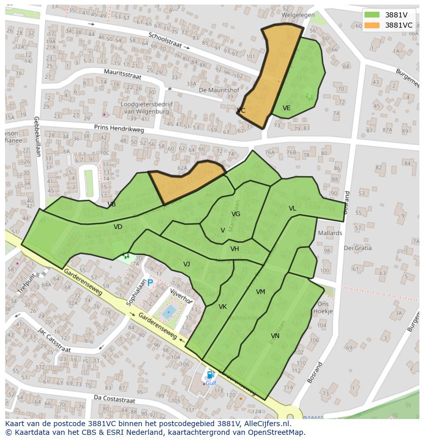 Afbeelding van het postcodegebied 3881 VC op de kaart.