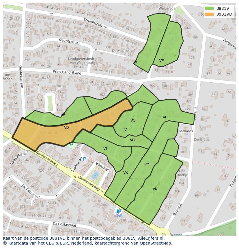 Afbeelding van het postcodegebied 3881 VD op de kaart.