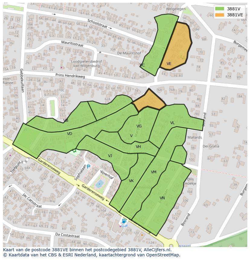 Afbeelding van het postcodegebied 3881 VE op de kaart.