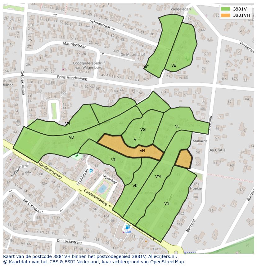Afbeelding van het postcodegebied 3881 VH op de kaart.