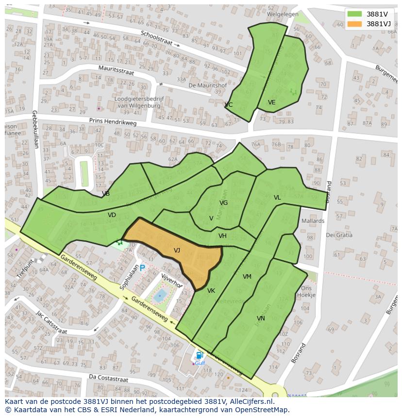 Afbeelding van het postcodegebied 3881 VJ op de kaart.