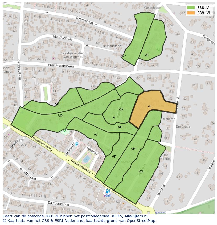 Afbeelding van het postcodegebied 3881 VL op de kaart.