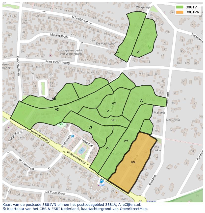 Afbeelding van het postcodegebied 3881 VN op de kaart.