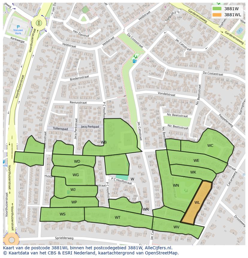 Afbeelding van het postcodegebied 3881 WL op de kaart.