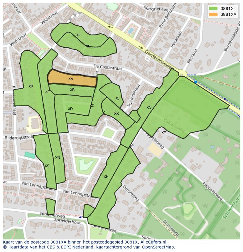 Afbeelding van het postcodegebied 3881 XA op de kaart.