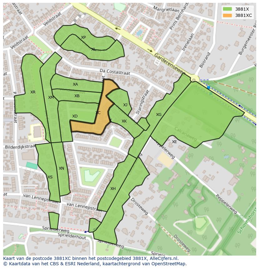 Afbeelding van het postcodegebied 3881 XC op de kaart.