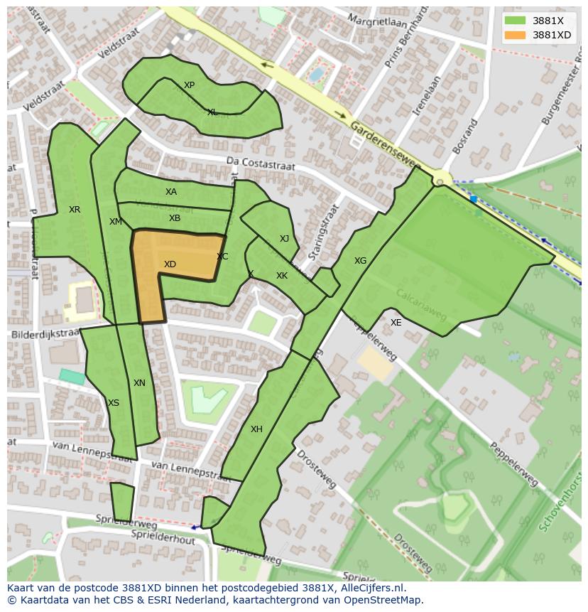 Afbeelding van het postcodegebied 3881 XD op de kaart.