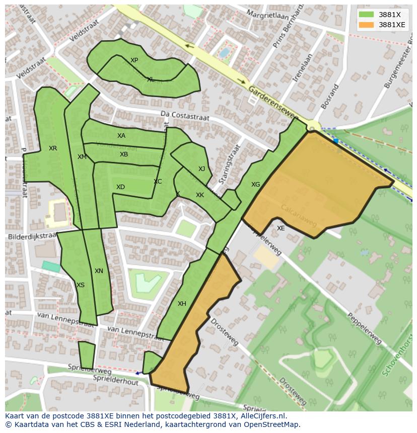 Afbeelding van het postcodegebied 3881 XE op de kaart.