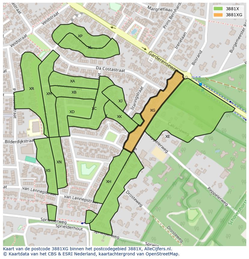 Afbeelding van het postcodegebied 3881 XG op de kaart.