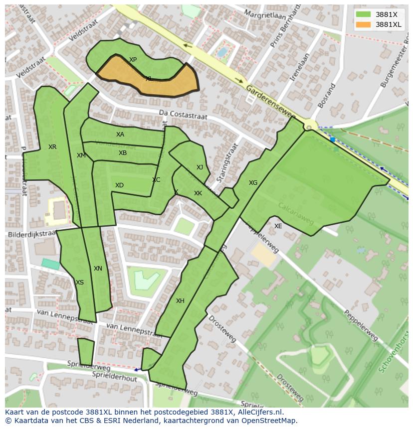 Afbeelding van het postcodegebied 3881 XL op de kaart.