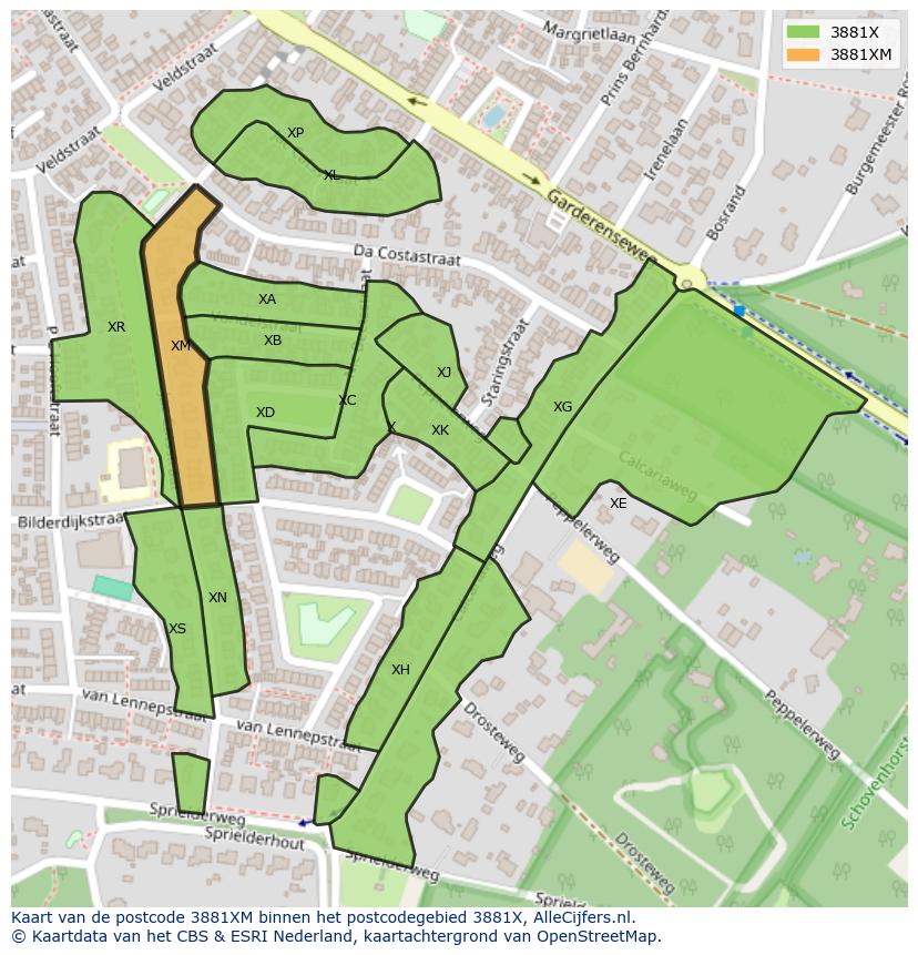 Afbeelding van het postcodegebied 3881 XM op de kaart.