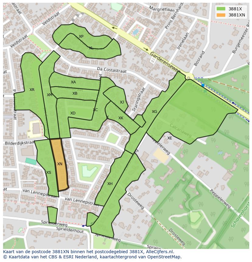 Afbeelding van het postcodegebied 3881 XN op de kaart.