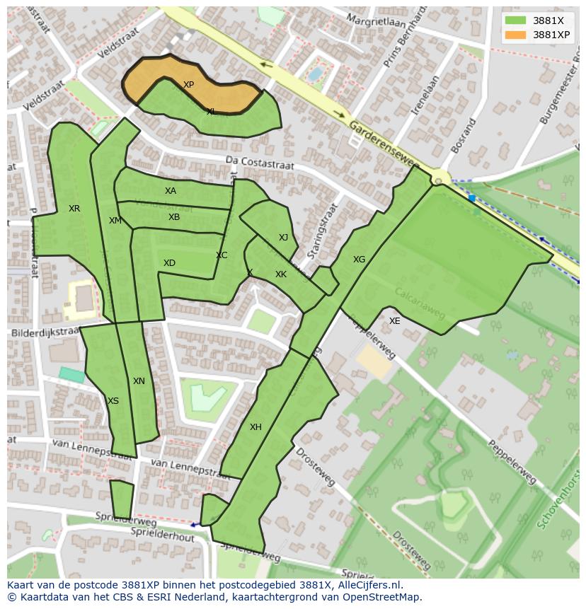 Afbeelding van het postcodegebied 3881 XP op de kaart.