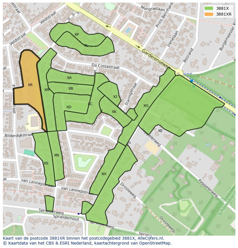 Afbeelding van het postcodegebied 3881 XR op de kaart.