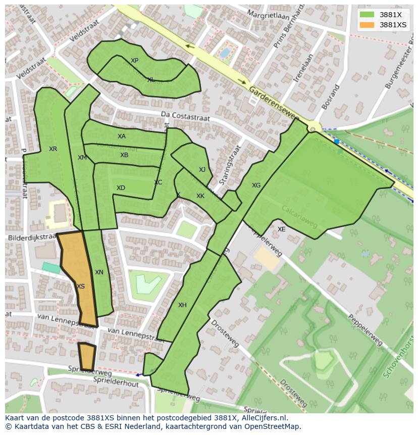 Afbeelding van het postcodegebied 3881 XS op de kaart.