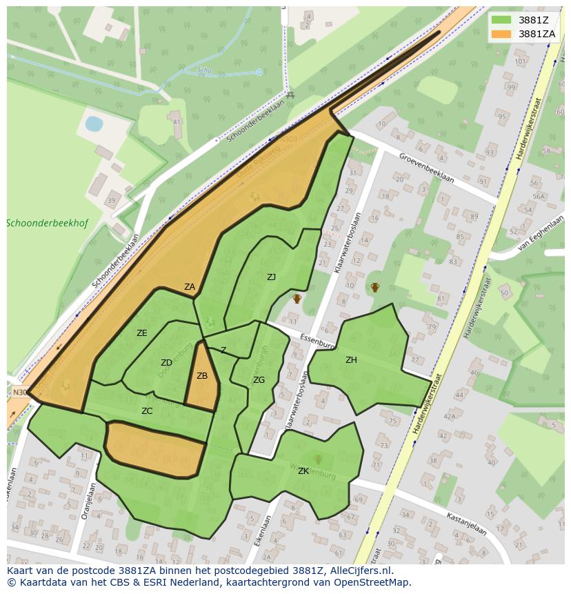 Afbeelding van het postcodegebied 3881 ZA op de kaart.