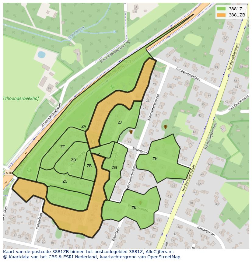 Afbeelding van het postcodegebied 3881 ZB op de kaart.