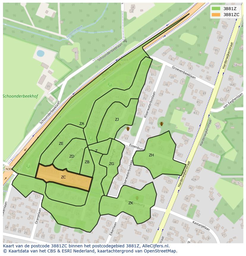 Afbeelding van het postcodegebied 3881 ZC op de kaart.