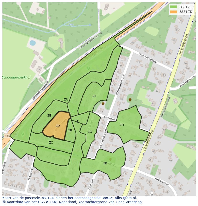 Afbeelding van het postcodegebied 3881 ZD op de kaart.