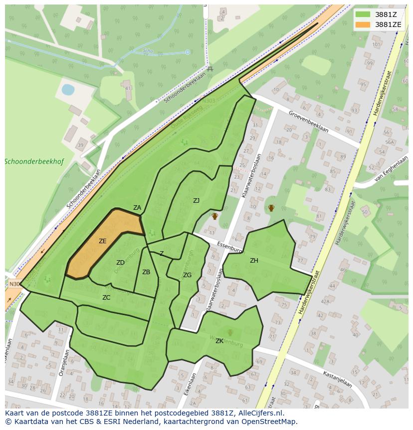 Afbeelding van het postcodegebied 3881 ZE op de kaart.