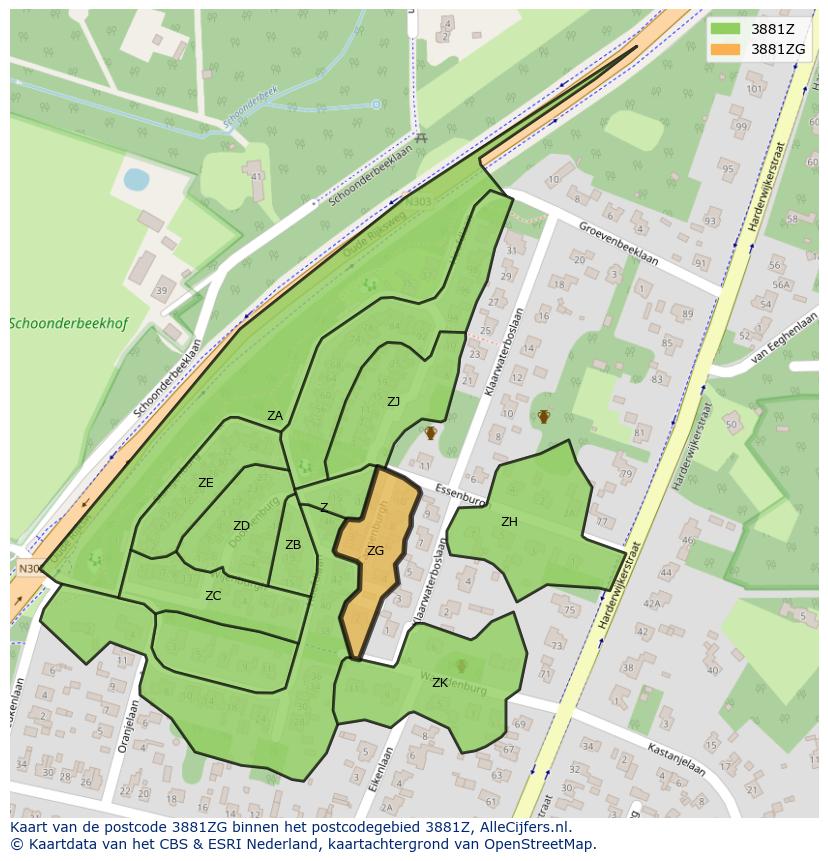 Afbeelding van het postcodegebied 3881 ZG op de kaart.