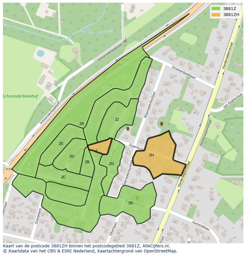 Afbeelding van het postcodegebied 3881 ZH op de kaart.