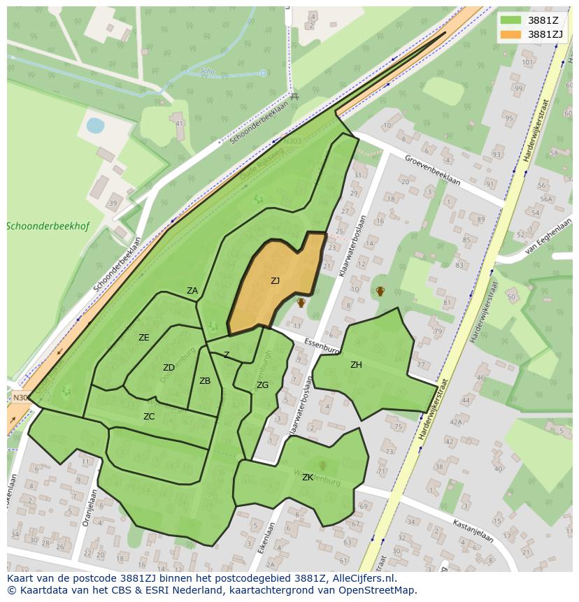 Afbeelding van het postcodegebied 3881 ZJ op de kaart.