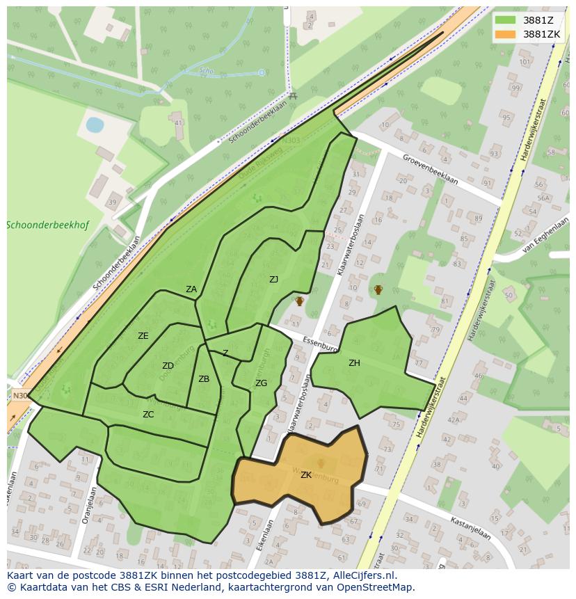 Afbeelding van het postcodegebied 3881 ZK op de kaart.