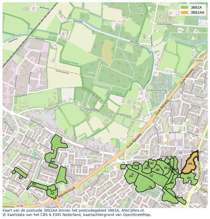 Afbeelding van het postcodegebied 3882 AA op de kaart.