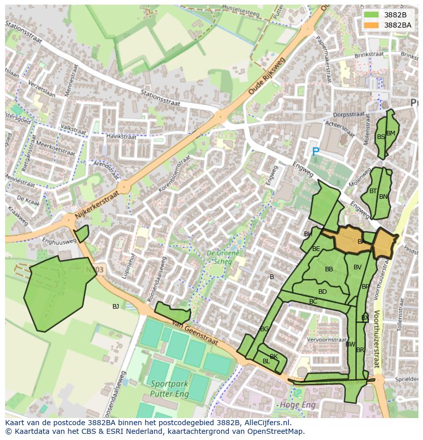 Afbeelding van het postcodegebied 3882 BA op de kaart.