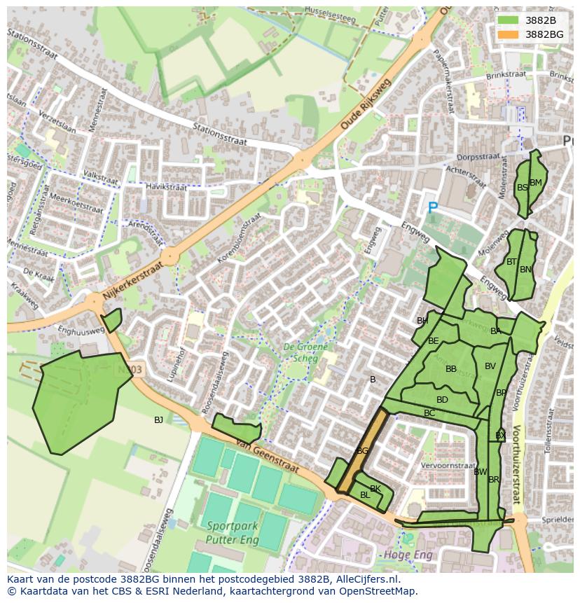 Afbeelding van het postcodegebied 3882 BG op de kaart.