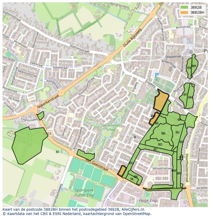 Afbeelding van het postcodegebied 3882 BH op de kaart.