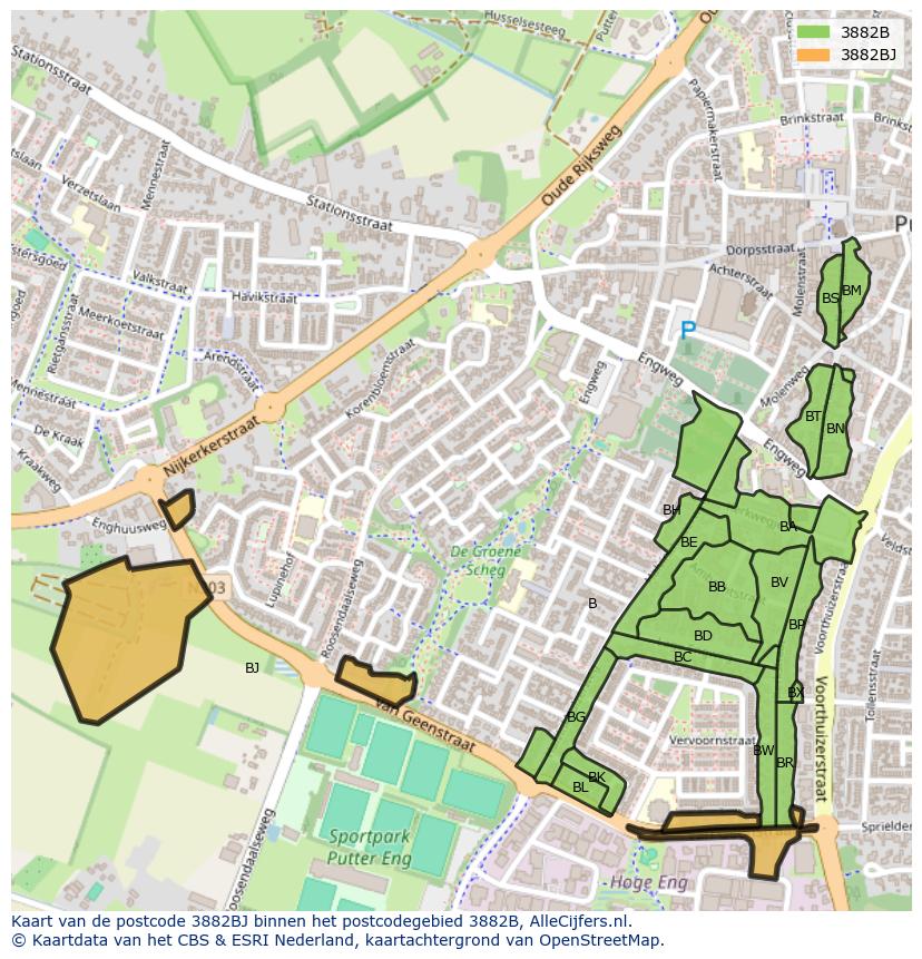 Afbeelding van het postcodegebied 3882 BJ op de kaart.