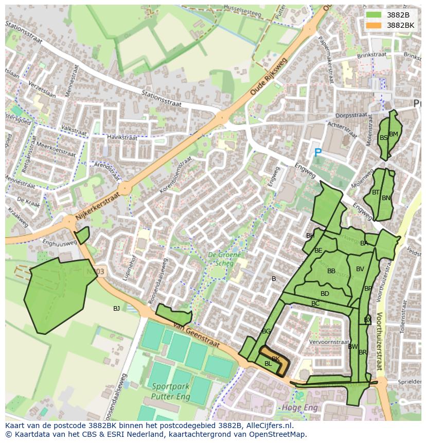 Afbeelding van het postcodegebied 3882 BK op de kaart.