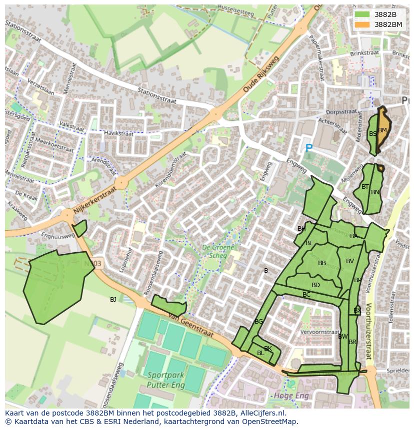 Afbeelding van het postcodegebied 3882 BM op de kaart.