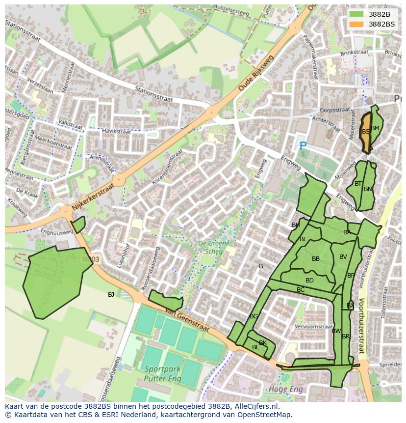 Afbeelding van het postcodegebied 3882 BS op de kaart.