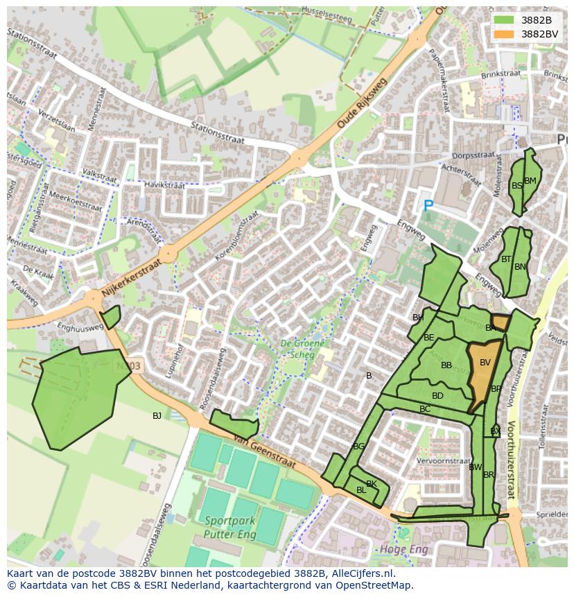 Afbeelding van het postcodegebied 3882 BV op de kaart.