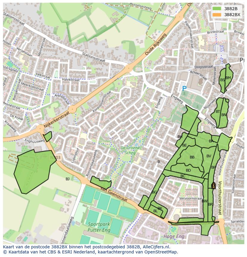 Afbeelding van het postcodegebied 3882 BX op de kaart.
