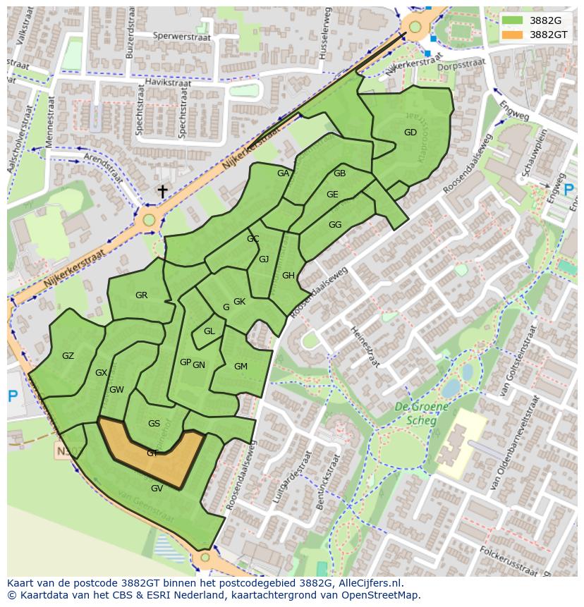 Afbeelding van het postcodegebied 3882 GT op de kaart.