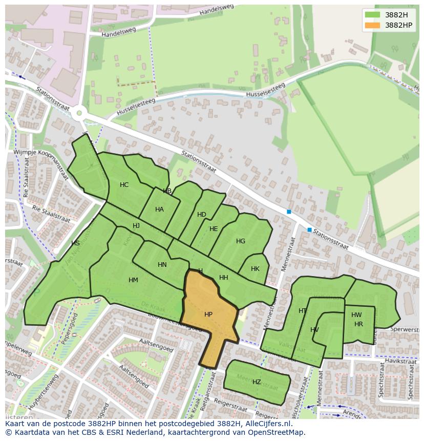 Afbeelding van het postcodegebied 3882 HP op de kaart.