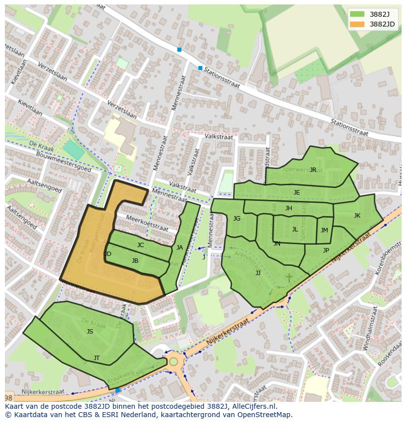 Afbeelding van het postcodegebied 3882 JD op de kaart.