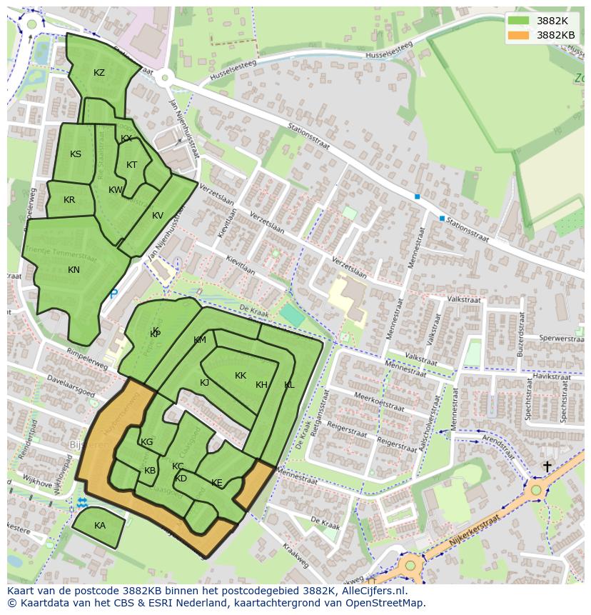 Afbeelding van het postcodegebied 3882 KB op de kaart.