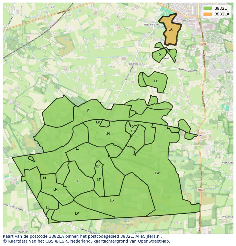 Afbeelding van het postcodegebied 3882 LA op de kaart.