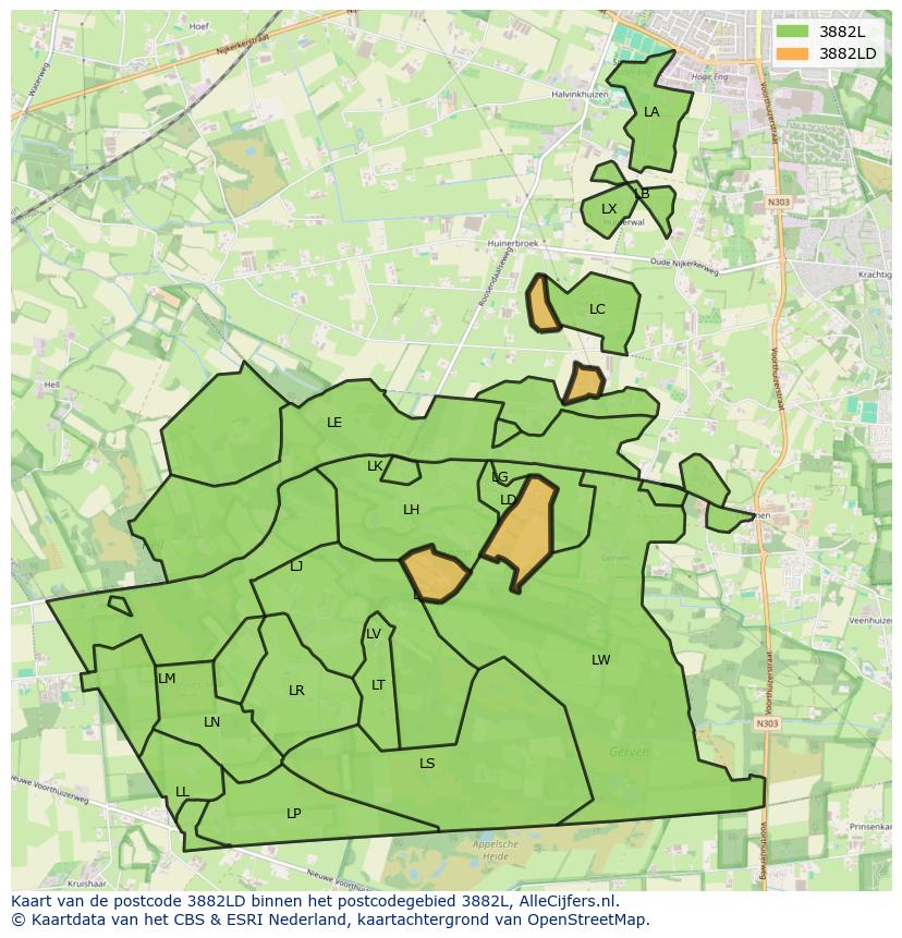 Afbeelding van het postcodegebied 3882 LD op de kaart.