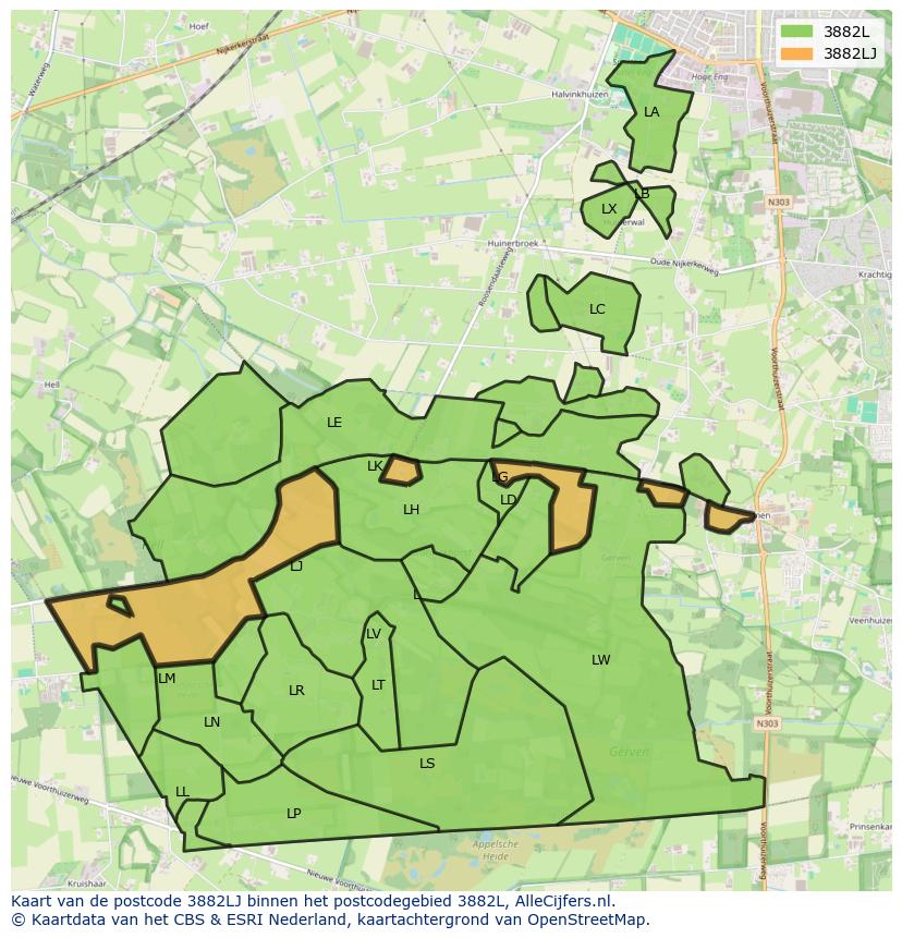 Afbeelding van het postcodegebied 3882 LJ op de kaart.
