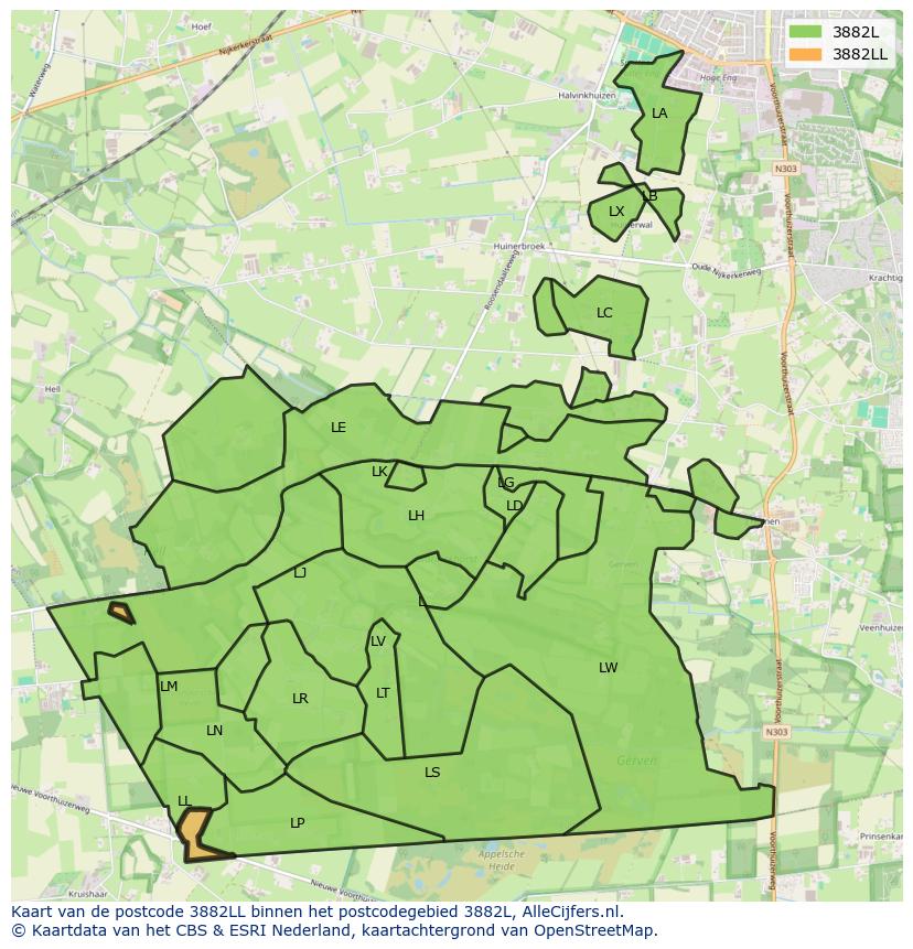 Afbeelding van het postcodegebied 3882 LL op de kaart.